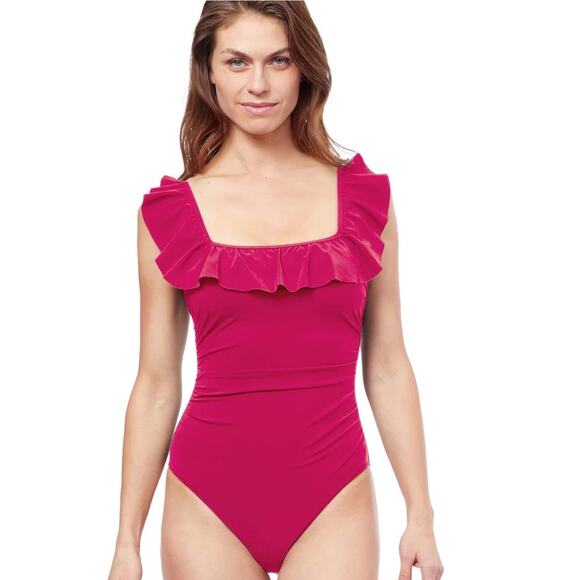 NEW Gottex Tutti Frutti Square Neck Ruffle One-Piece Swimsuit Size 8 - Picture 1 of 7